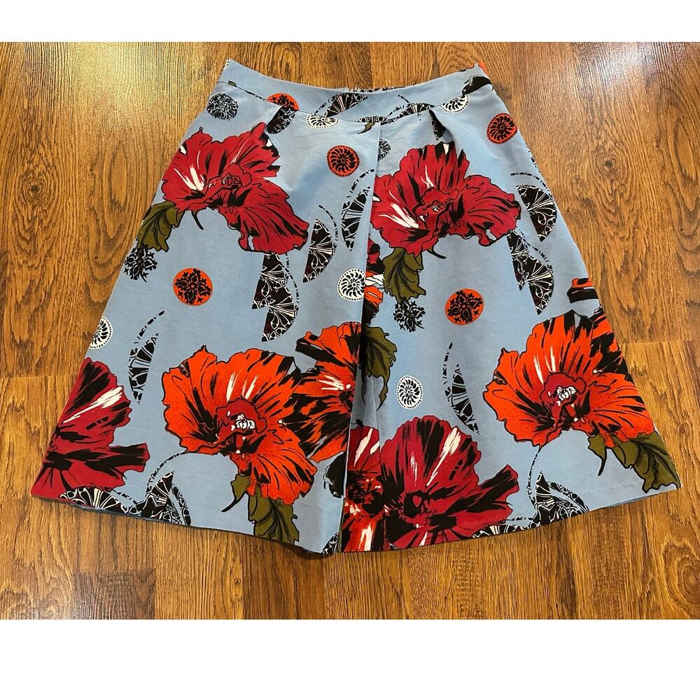 Classiques Entier Cotton Silk A-Line Floral Skirt Women’s 8 Blue Knee Length